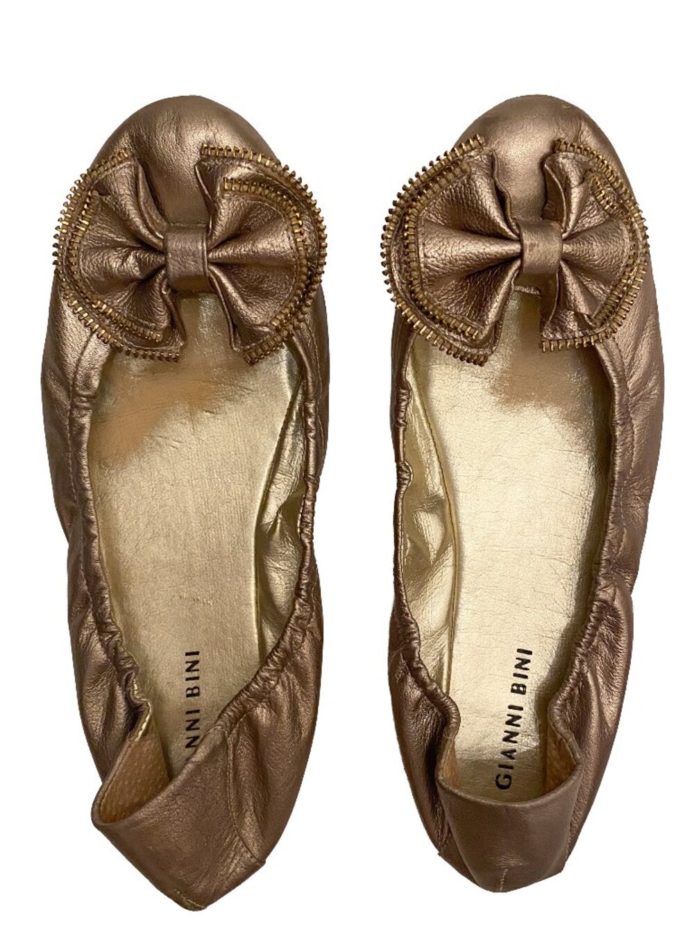GIANNI BINI Shenae Gold Zipper Bow Ballet Flats Women's 9M Leather Metallic